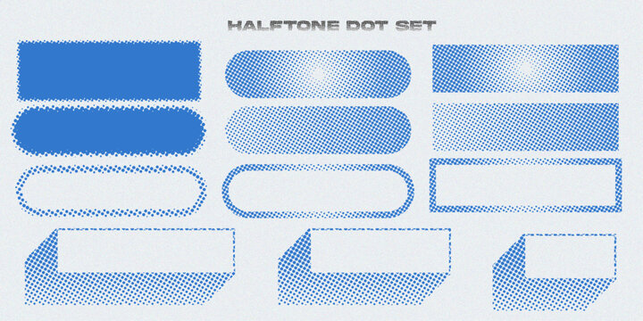 Halftone dot shape set with rectangle, pill, rounded rectangle and speech bubble elements in blue