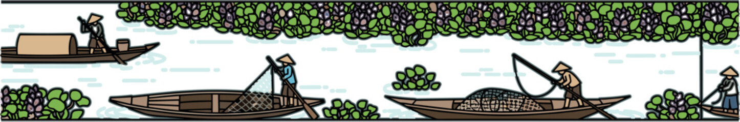 Panoramic river fishing scene with traditional boats, fishermen casting nets and floating vegetation in detailed rural landscape illustration style © MdSobuj