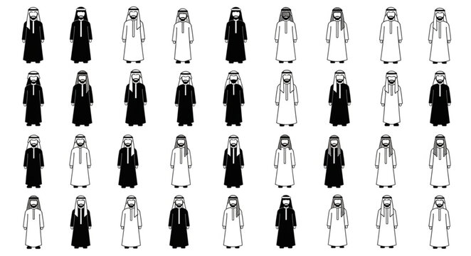 Collection of traditional Arab clothing in black and white.
