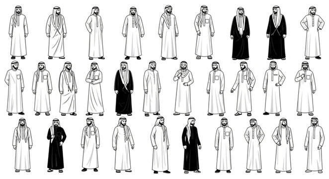 Collection of traditional Arab men in various poses and attire.
