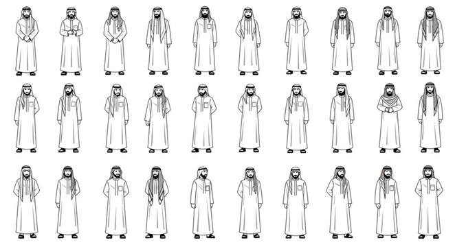 Collection of traditional Arab men in various poses and attire.
