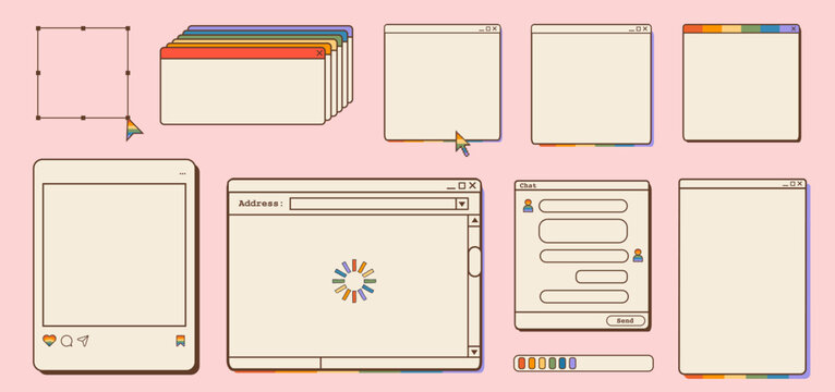 Retro computer popup window set with rainbow pride accents. Nostalgic y2k internet browser frames, chat interface, loading bars, and social media windows for inclusive LGBTQ digital design. Vector.