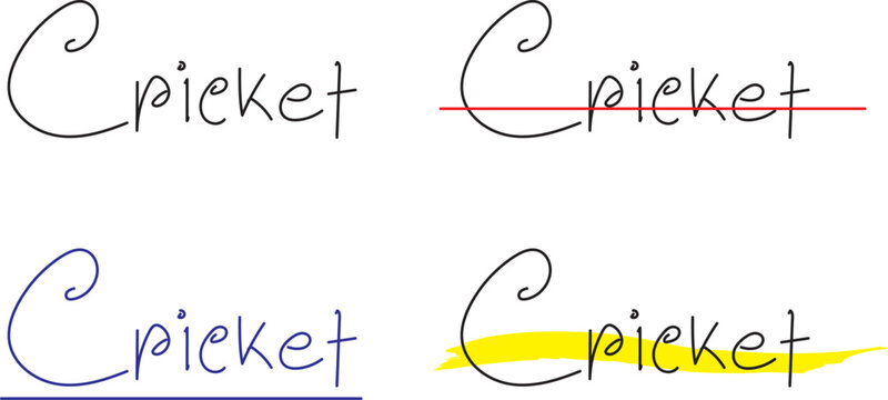 Cricket Handwritten Lettering with Highlighted, Crossed Out and Underlined Effect on Clean White Background, cricket text, cricket handwritten, cricket lettering