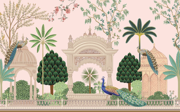 peacock, peafowl, palace, royal, heritage, indian, india, mughal, rajasthani, vintage, traditional, architecture, arch, archway, garden, botanical, floral, flowers, leaves, trees, tropical, nature, la