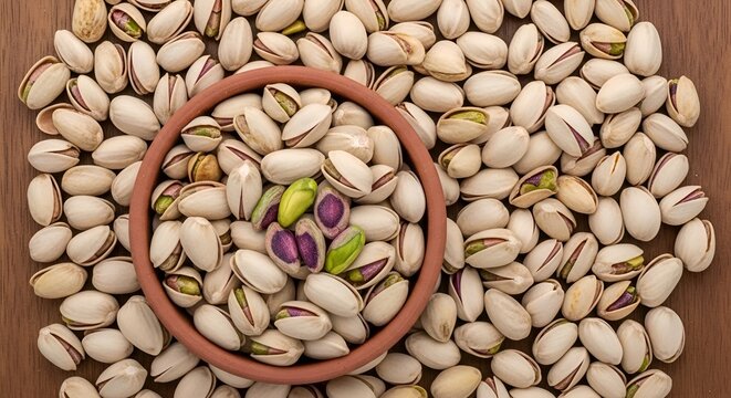 Pistachio nuts in wooden bowl surrounded by scattered shelled and unshelled pistachios on rustic table