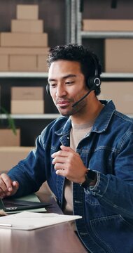 Logistics, headset or man in office with laptop, order management or crm support for ecommerce store. Distribution, telecom or agent with mic, customer service or delivery tracking for webshop.