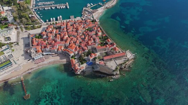 Budva Old Town and Marina with Clear Adriatic Sea Aerial