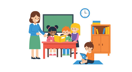 A teacher stands by diverse students reading a book at a desk while one boy uses a tablet on the floor in a colorful and modern classroom setting. © Ahmad