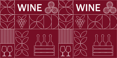 Fototapeta premium Seamless red wine pattern with bottles glasses grapes and geometric shapes in minimal line style modern design ideal for packaging branding wine menus and backgrounds