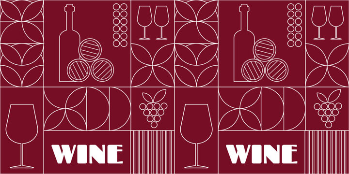 Elegant wine seamless pattern with line art bottles glasses and grapes. Geometric mosaic design for menu packaging and branding