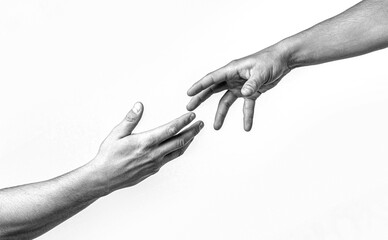 Salvation. Close up help hand. Helping hand concept and international day of peace, support. Black,...