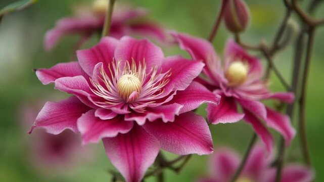 Macro shot of vibrant pink clematis blossoms featuring ruffled layered petals and prominent yellow stamens, captured in sharp focus against a soft green garden background.