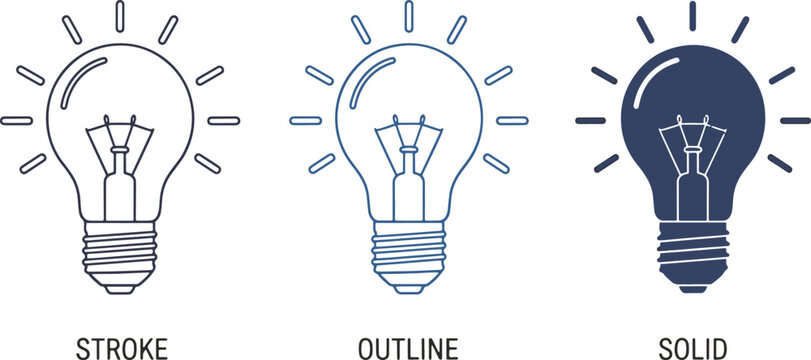 Three light bulbs sketch outline and solid fill variations