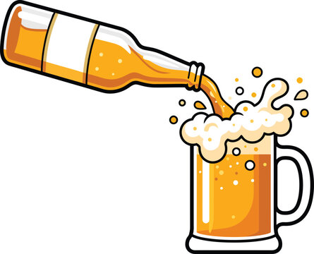 A bottle pouring beer into a mug with foam isolated on white background