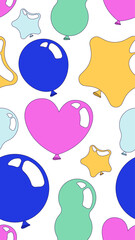 Fototapeta premium Balloons party vertical seamless pattern illustration. Heart star baloons. Repeat fill background. Social media overlay for stories and reels. Flat cartoon 2D graphic design. Endless repetition
