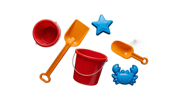 Top view of sand buckets, shovels and animal molds cutout on transparent background