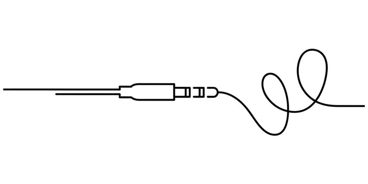 A minimalist black line art drawing depicting a standard audio jack connector with a long cable Vector, illustration