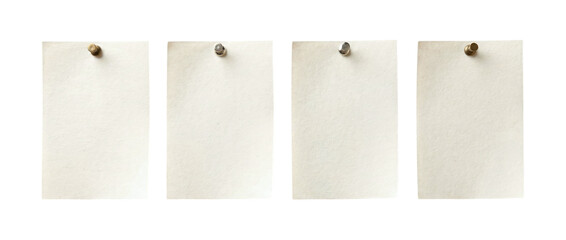 Plakat Four blank rectangular vintage paper notes attached with different metal pushpins on a transparent background