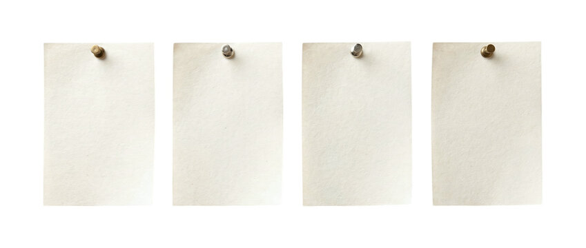 Four blank rectangular vintage paper notes attached with different metal pushpins on a transparent background