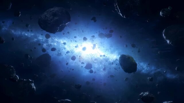 Stunning view of a cosmic scene filled with asteroids and a bright star at the center. Represents the vastness and mystery of the universe