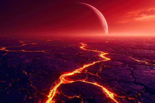 Planetary surface with rivers of lava under crimson sky