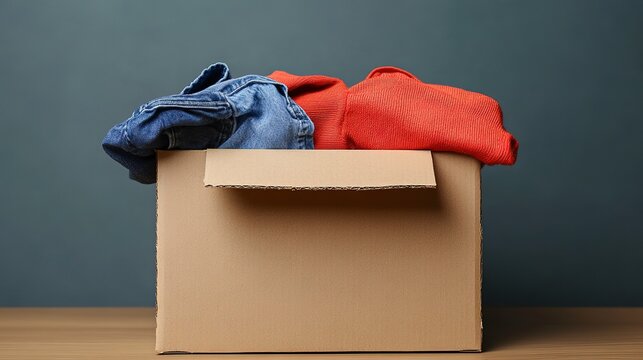 A sturdy cardboard box sits on a wooden surface, filled with vibrant red and blue clothing items. This collection of sweaters and jeans symbolizes the spirit of sharing and recycling