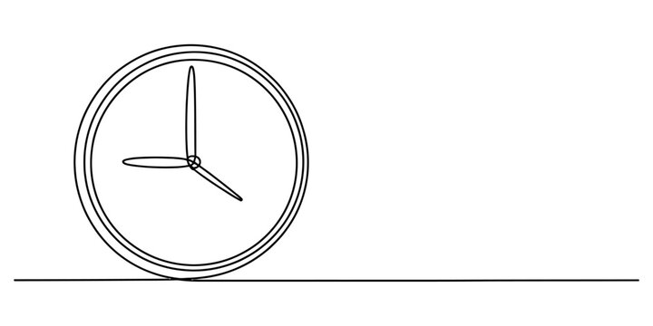 A simple black and white line drawing of a circular analog clock resting on a horizontal surface Vector, illustration