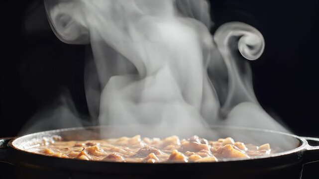 Steaming Hot Food Cooking in a Pan with Dramatic Smoke Plumes.