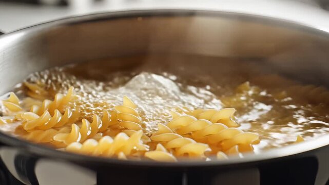 Close up of fusilli pasta boiling in a pot of water.