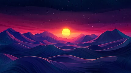 Obraz premium A stunning sunset colors the sky in shades of pink and orange, casting a warm glow over the smooth, rolling mountains. Stars twinkle in the darkening sky, creating a magical scene