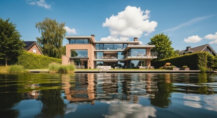 Obraz premium Luxury modern waterfront house with large windows and brick facade, reflected in calm water