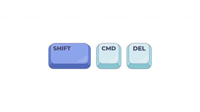 Shift CMD Delete keyboard shortcut keys animation. Empty trash. System cleanup. File removal. Deleted items folder. Animated hotkey combo buttons click for pc, laptop. 4K video. Computer press action