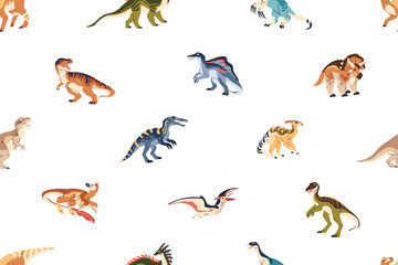 Repeatable pattern of different dinosaurs. Endless background of ancient reptiles, various dinos. Species of herbivorous and carnivorous animals of the Jurassic era. Flat seamless vector illustration © Paper Trident