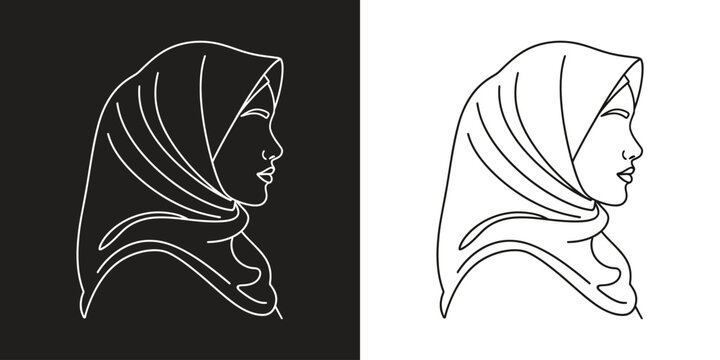 Silhouette Illustration of a Muslim Woman Wearing a Hijab, Profile View on Black and White Backgrounds, Cultural and Religious Art.