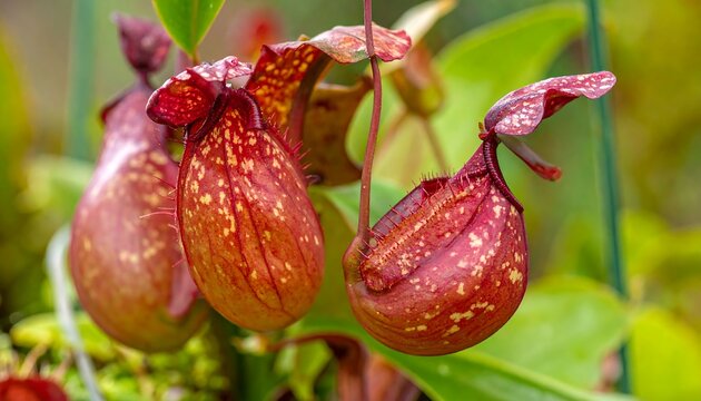 Close-up of vibrant pitcher plants showcasing intricate details and textures.