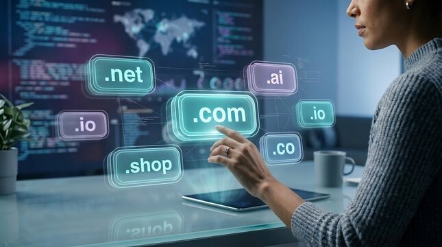Businessman interacting with a digital interface displaying various domain extensions