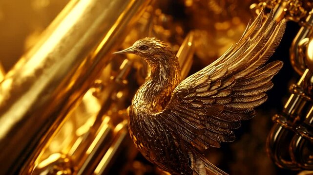 Close-up of a golden bird sculpture on a brass musical instrument.