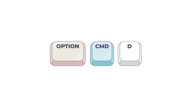 Option Command D keyboard shortcut keys animation. Toggle dock visibility. Interface control. Desktop management. Animated hotkey combo buttons click for pc, laptop. 4K video. Computer press action