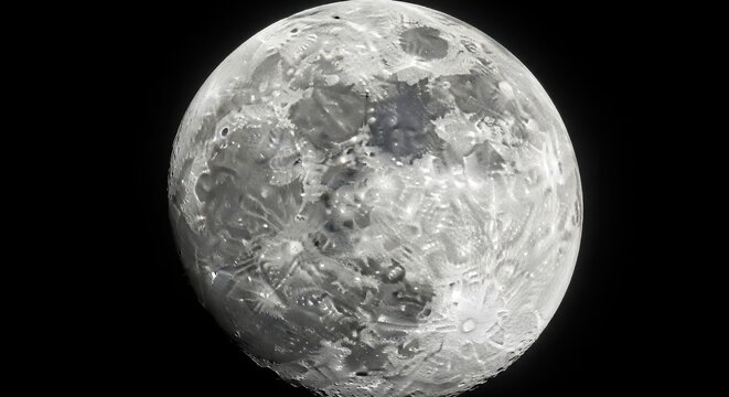 Detailed close-up view of the full moon's surface, revealing intricate craters and dark maria against the night sky.