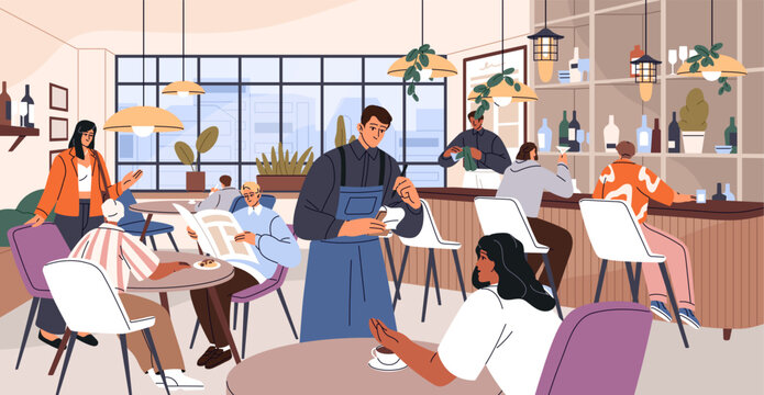 Restaurant interior with people sitting at the tables. Visitors make orders from waiter. Barista is at the bar counter of cafe. Customers eat, friends meet in coffeehouse. Flat vector illustration
