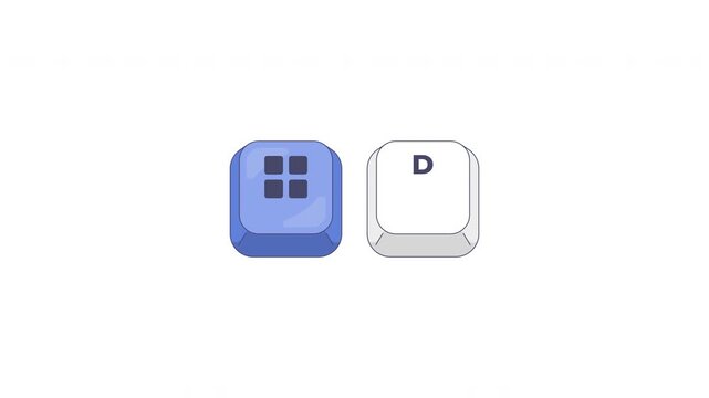 Super key D letter keyboard shortcut keys animation. Show desktop. Minimize all windows. Workspace access. Animated hotkey combo buttons click for pc, laptop. 4K video. Computer press action