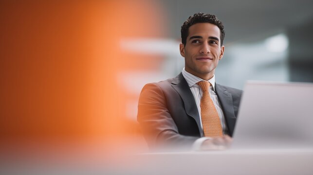 A young Hispanic man with dark hair sits at a desk, smiling while working on a laptop. An orange object is blurred in the foreground.
