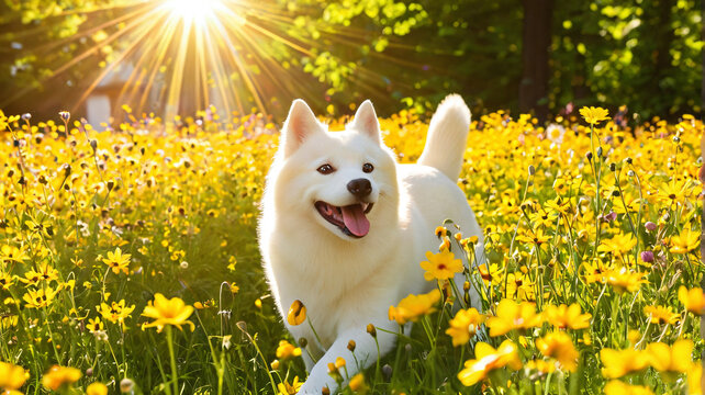 Wei&szlig;er Hund rennt durch sonnige Blumenwiese im Fr&uuml;hling