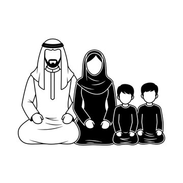 Muslim family sitting together on floor.