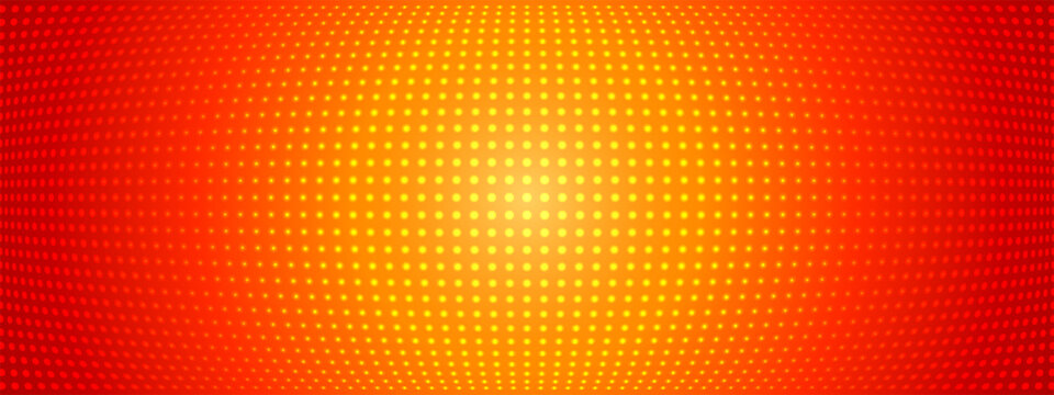 Red LED screen bg with yellow radial gradient glow. Circle dot pixels, specks, glitter on panel texture. Vector grid pattern. Stage backdrop for concert show tv display.