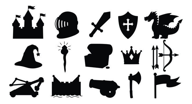 Medieval Fantasy Silhouette Icon Set &mdash; Castle, Knight, Dragon, Sword, Shield, Crown, Cannon, Catapult Black Vector Icons
