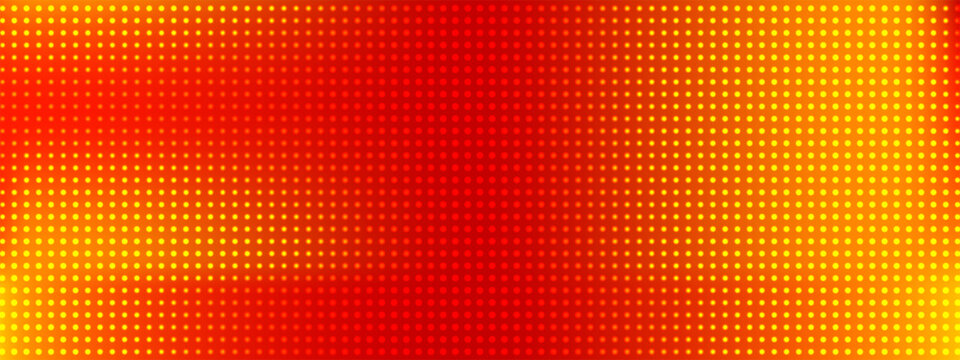 Red LED screen bg with yellow horizontal gradient glow. Circle dot pixels, glitter, specks on panel texture. Vector grid. Stage backdrop for concert show tv display wall.