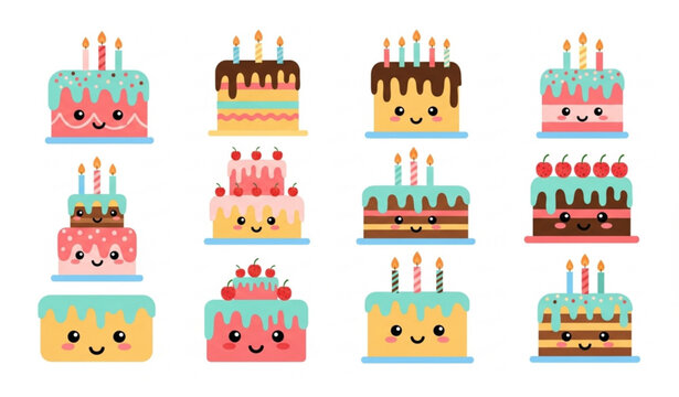Cute birthday cake vector set with candles colorful cartoon cakes for kids celebration