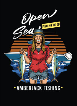 Vintage illustration of a female angler holding amberjack fish with a sunset and boat background