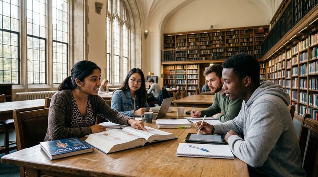Diverse University Students Collaborating and Studying Together in a Grand Library.